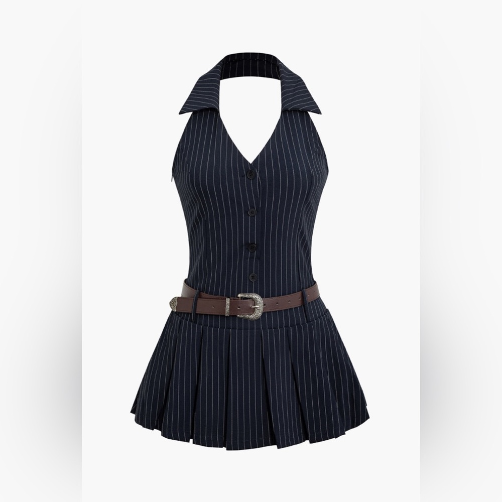 Striped Black Mini Dress with Belt